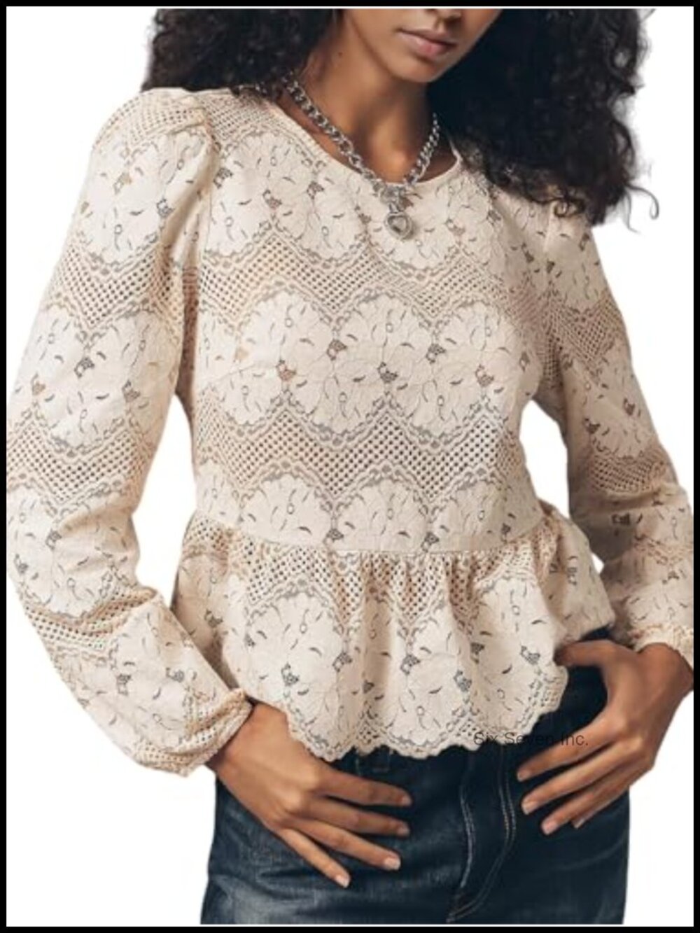 Lace Peplum Blouse Long Puff Sleeve Floral Hollow Out Crochet Top